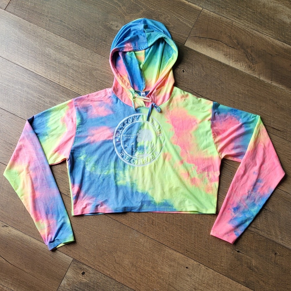 Daytona Beach Florida Tie Dye Cropped Hoodie Long Sleeve Graphic Top Large